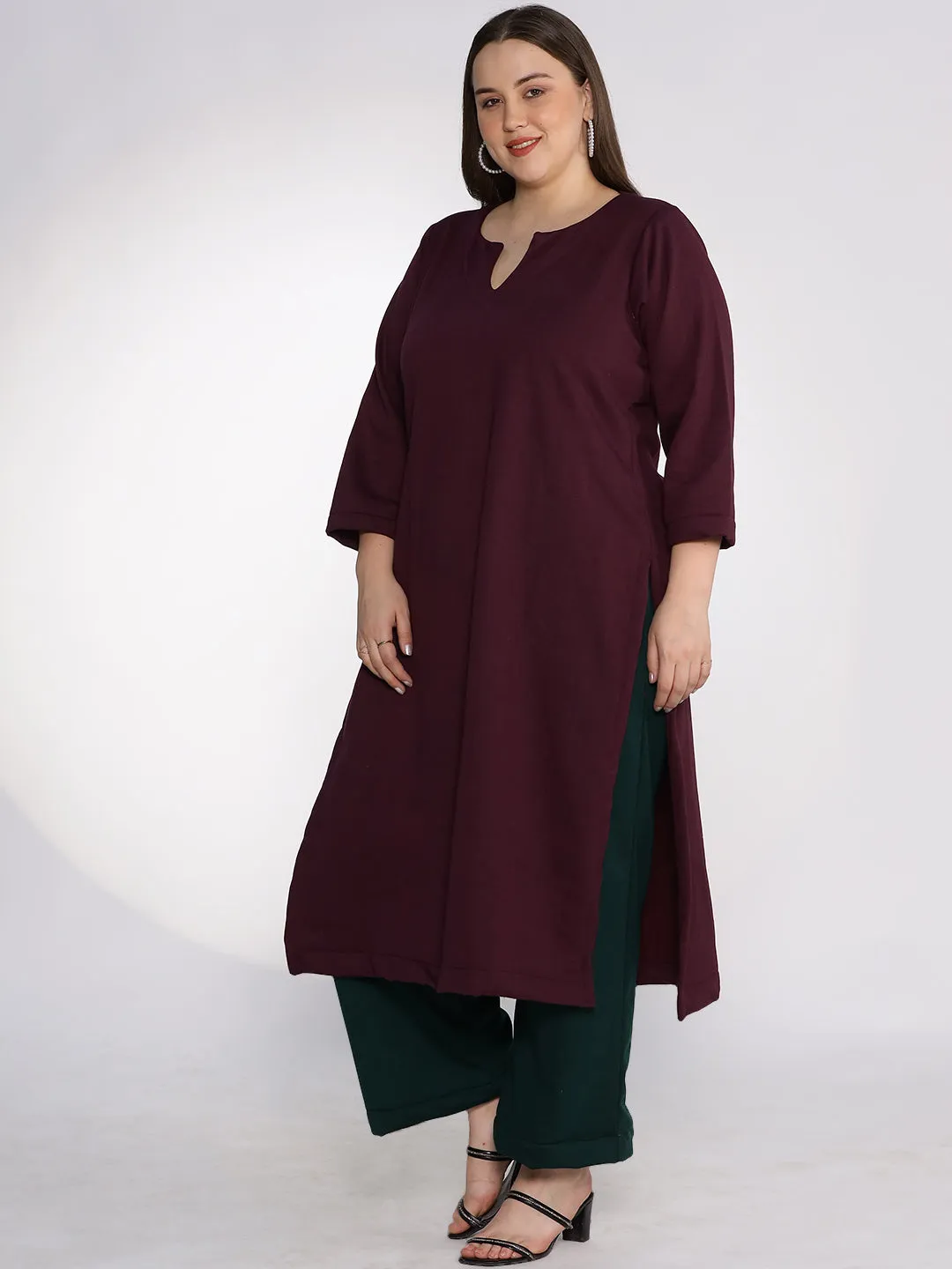 Wine Fleece LongKurta - Solid