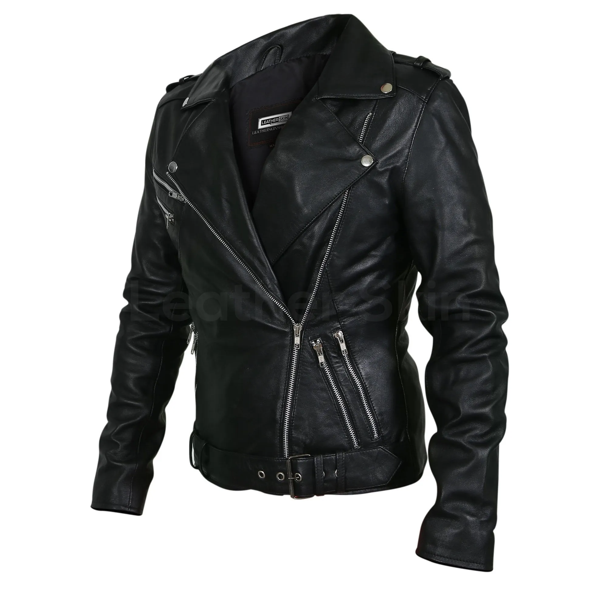 Women Black Belted Motorcycle Leather Jacket with Extra Silver Zippers