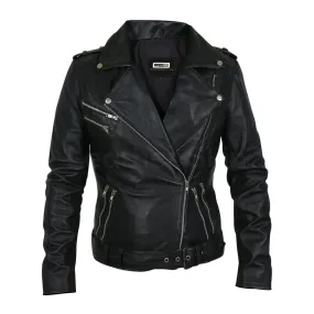 Women Black Belted Motorcycle Leather Jacket with Extra Silver Zippers