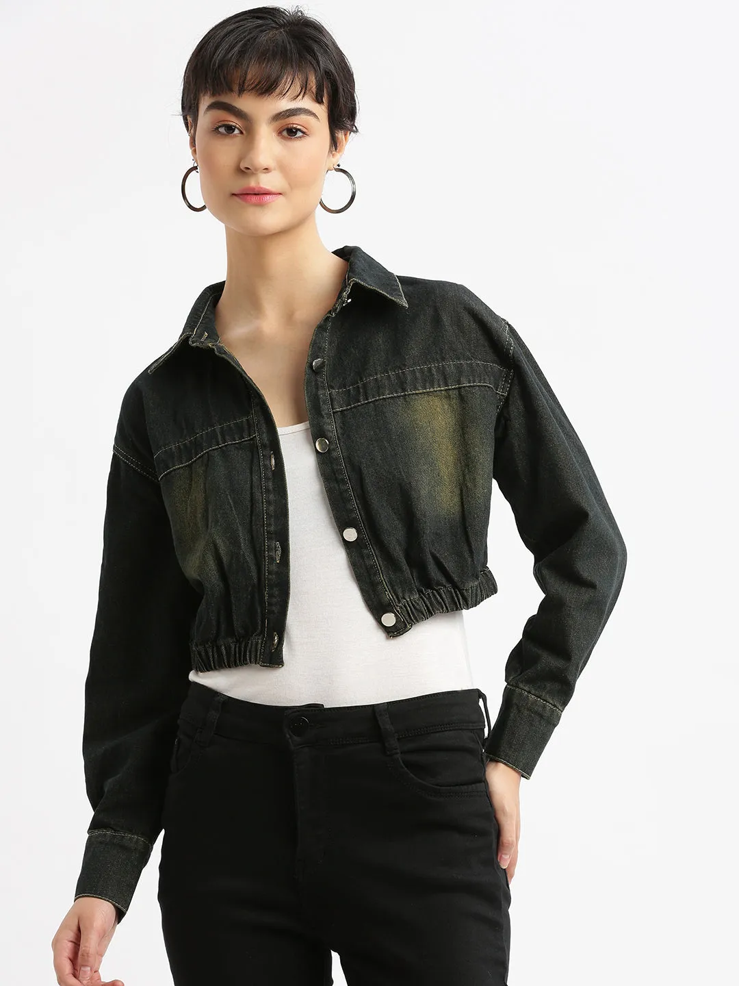 Women Black Crop Denim Jacket