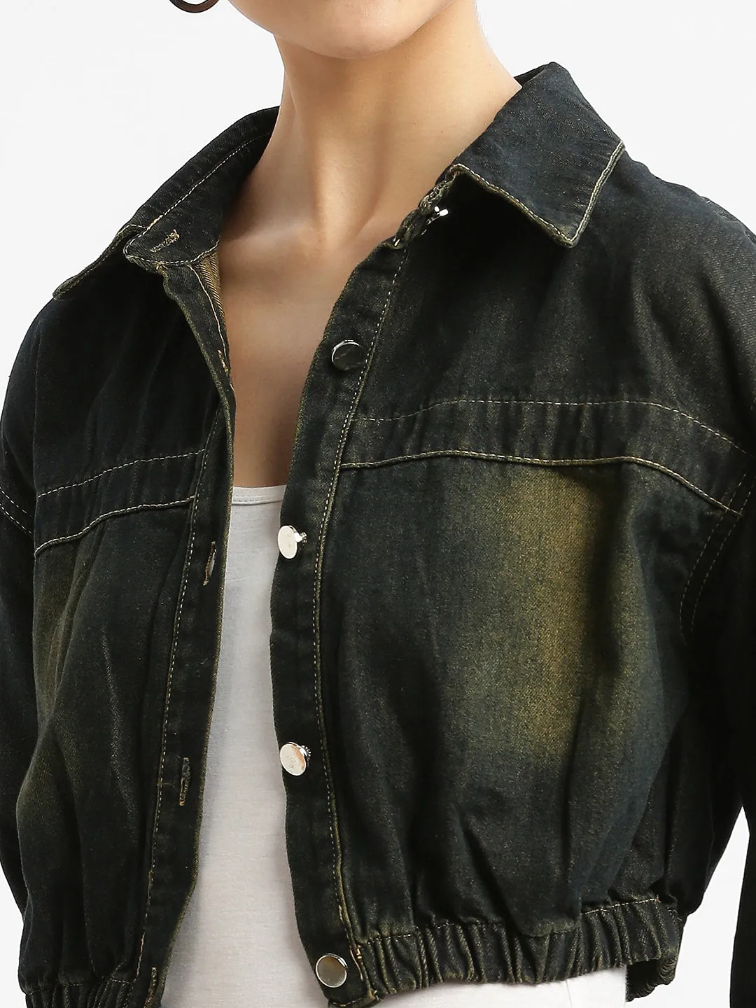 Women Black Crop Denim Jacket