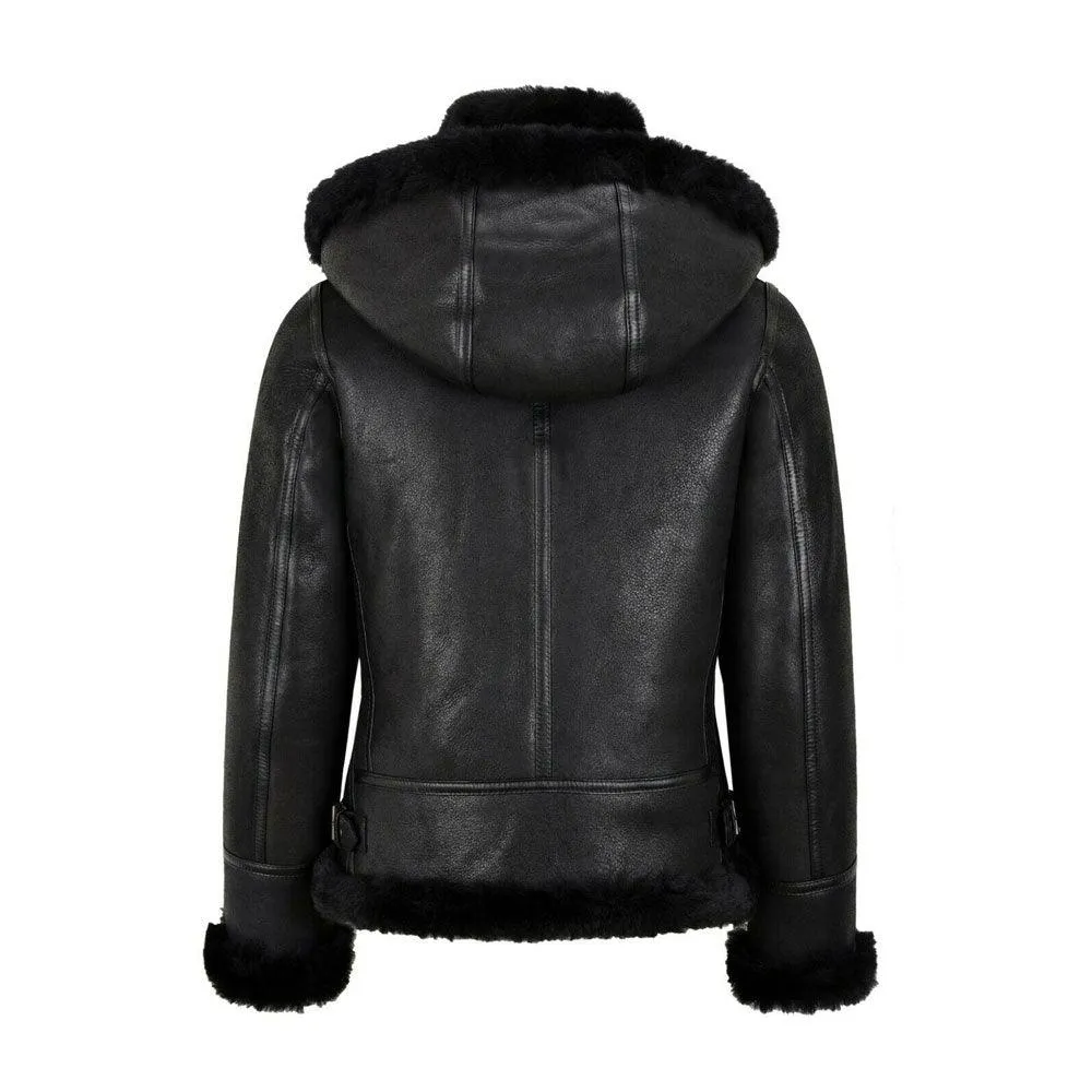 WOMEN'S B3 BOMBER HOODED CLASSIC BLACK SHEARLING JACKET