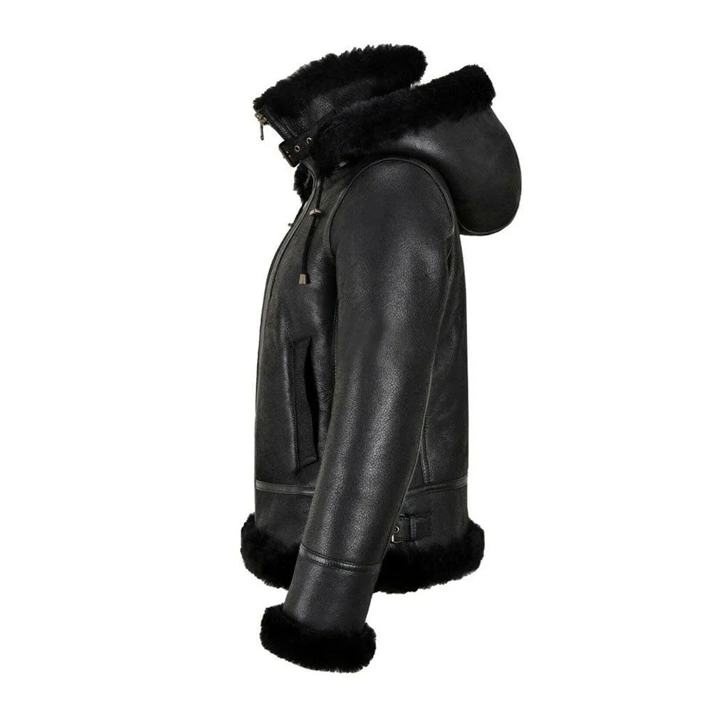 WOMEN'S B3 BOMBER HOODED CLASSIC BLACK SHEARLING JACKET