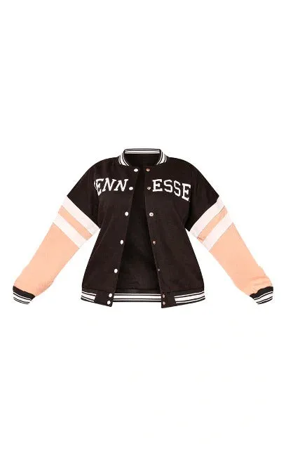 Women's Black Varsity Bomber Leather Jacket with Pink Sleeves