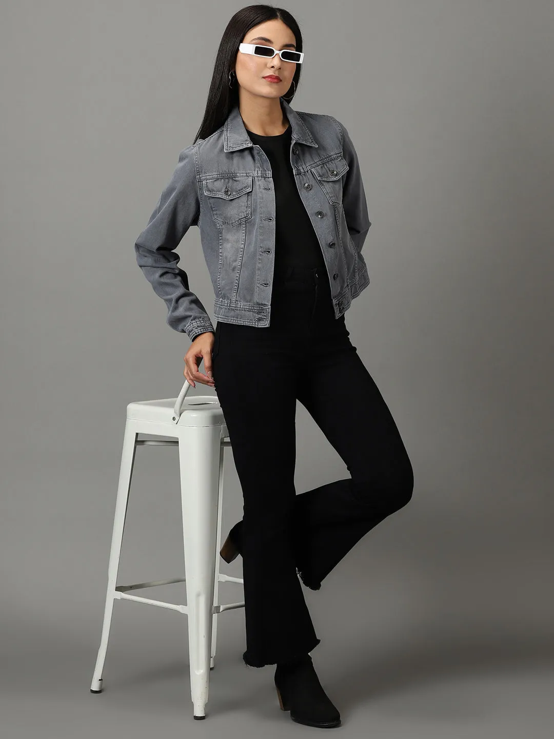 Women's Grey Solid Denim Jacket