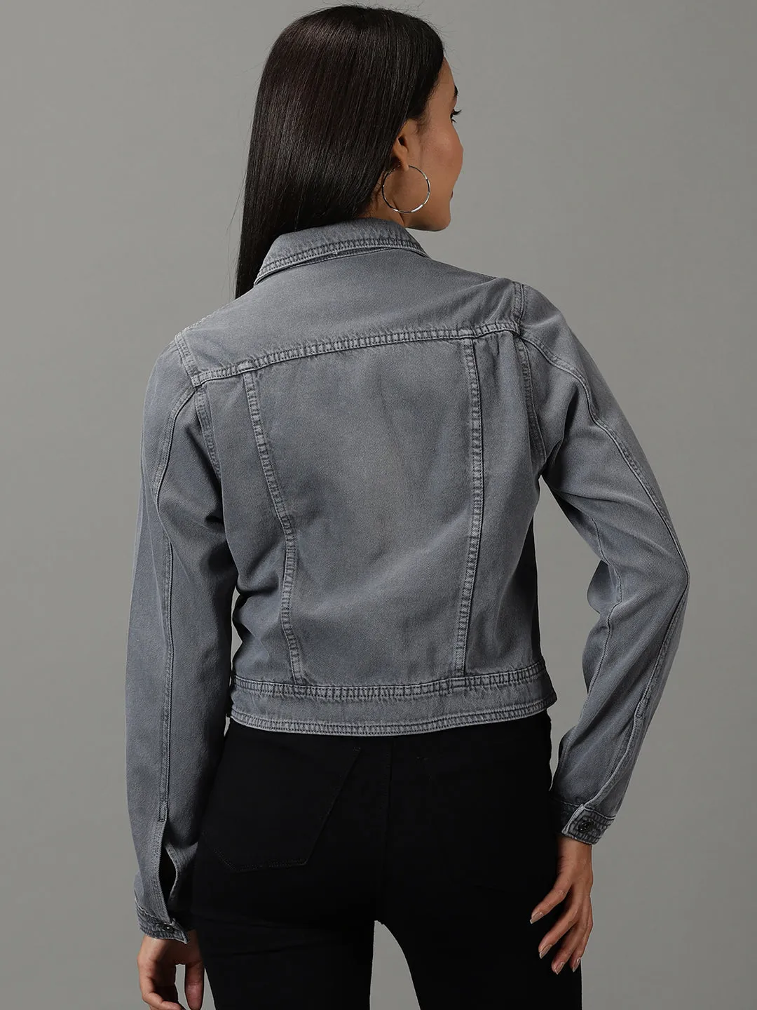 Women's Grey Solid Denim Jacket