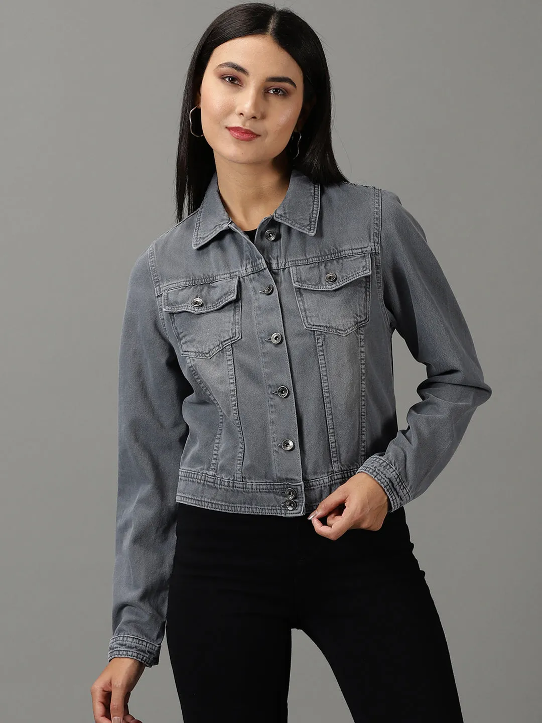 Women's Grey Solid Denim Jacket