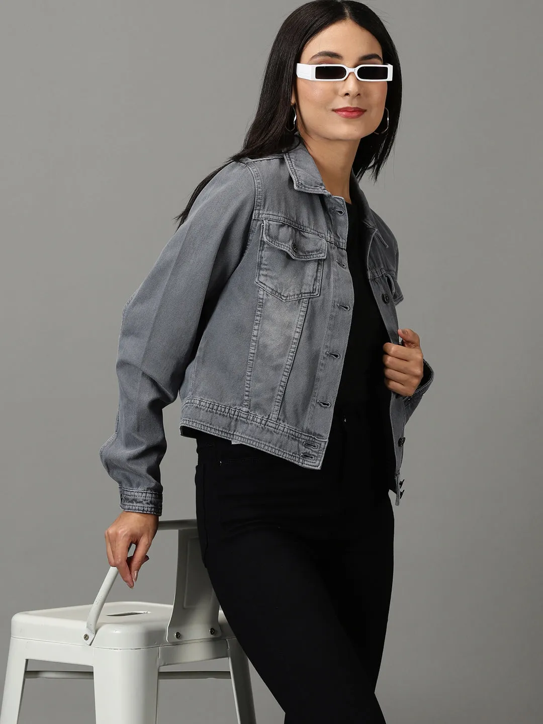 Women's Grey Solid Denim Jacket