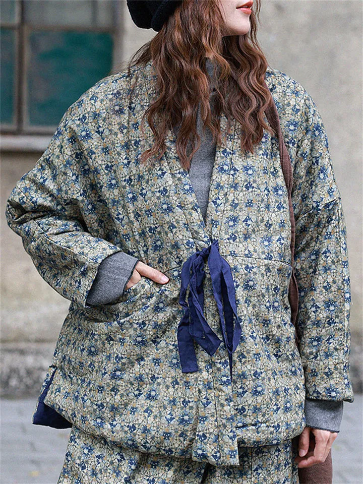 Women's Japanese Style Geometric Printing Thick Lace-up Coats