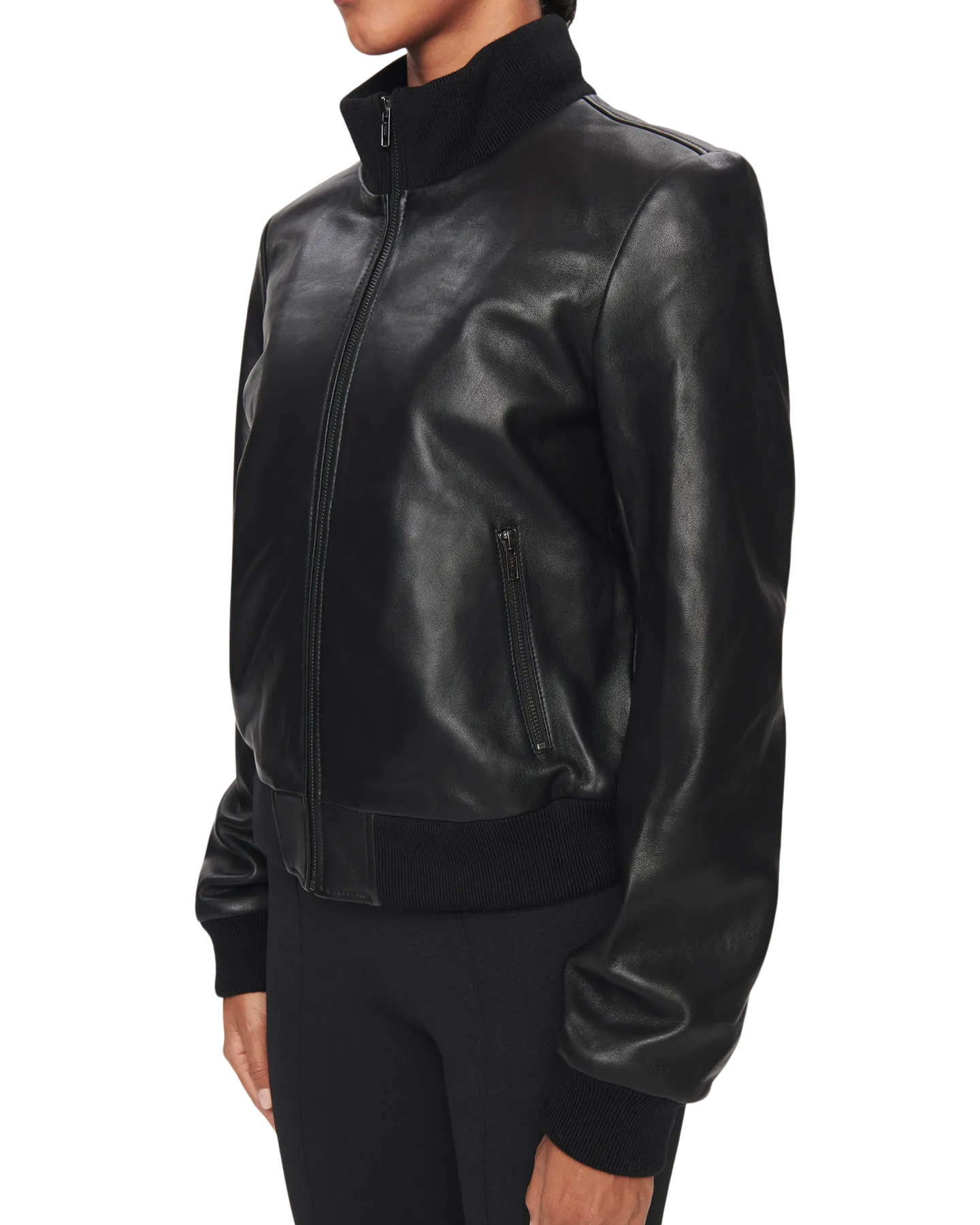 Women's Leather Bomber Jacket in Black