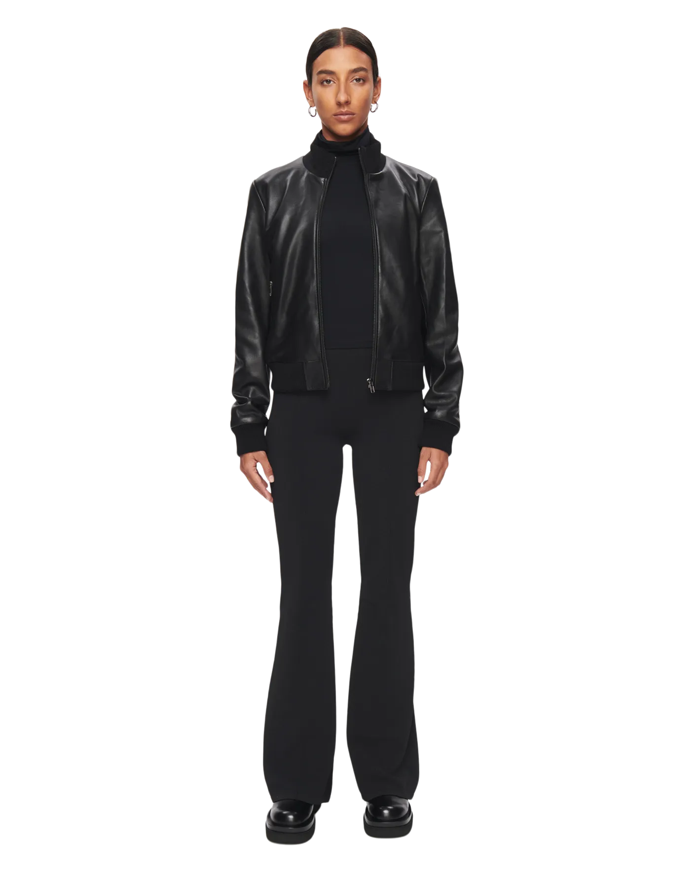 Women's Leather Bomber Jacket in Black