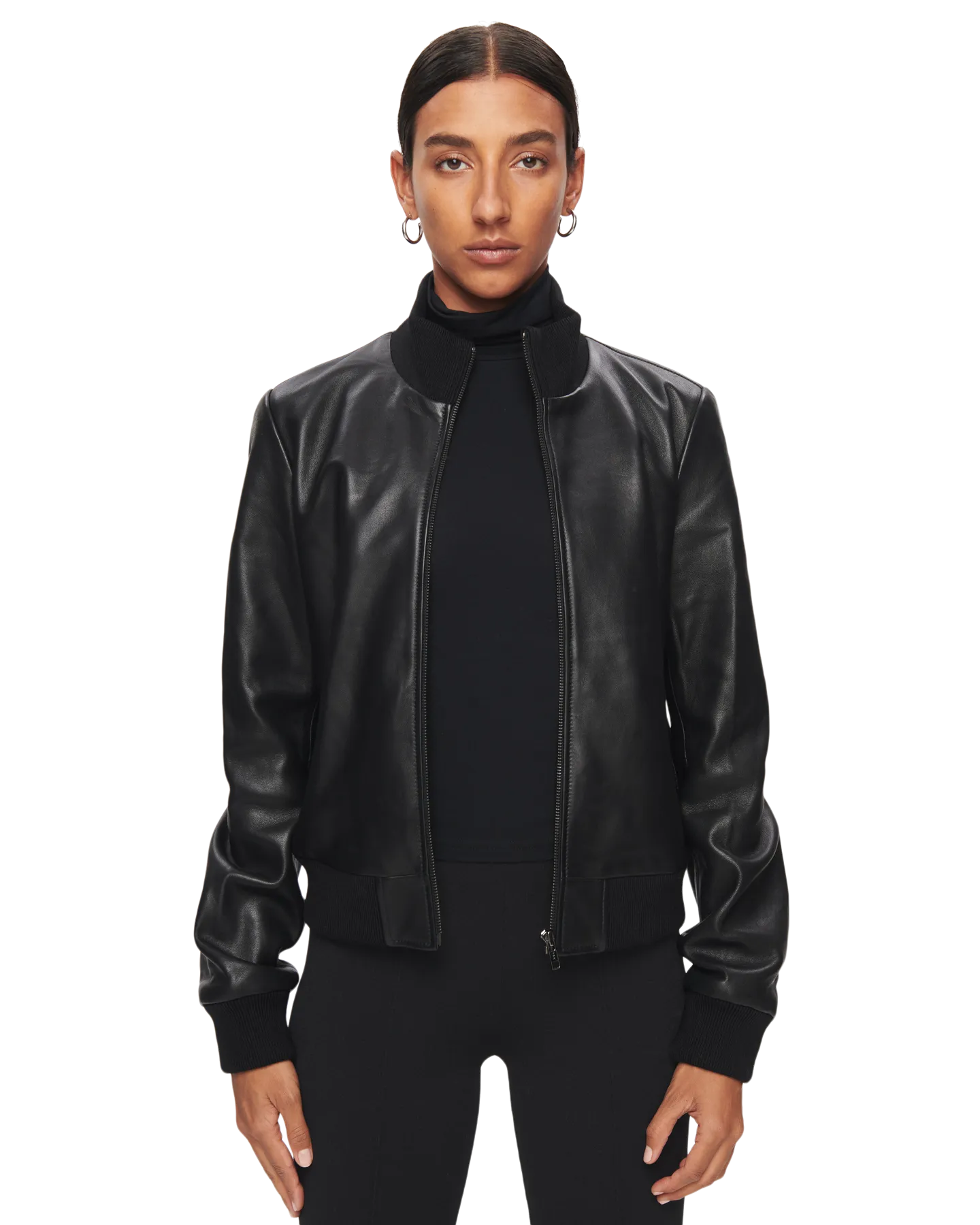 Women's Leather Bomber Jacket in Black