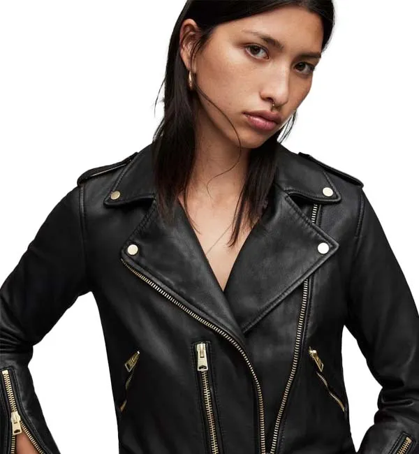 Women’s Moto Style Black Genuine Leather Jacket Motorcycle Slim Fit