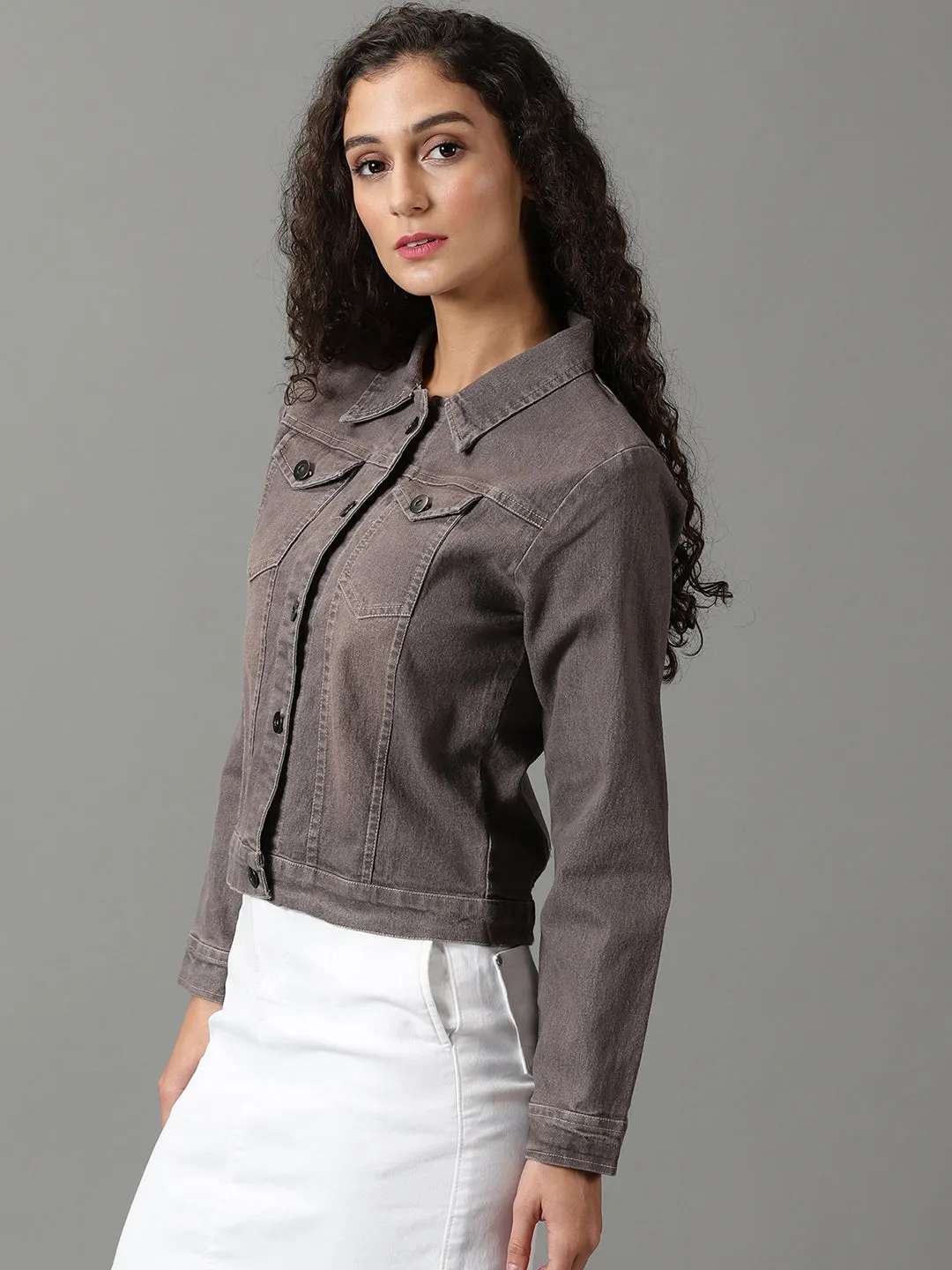 Women's Taupe Solid Denim Jacket