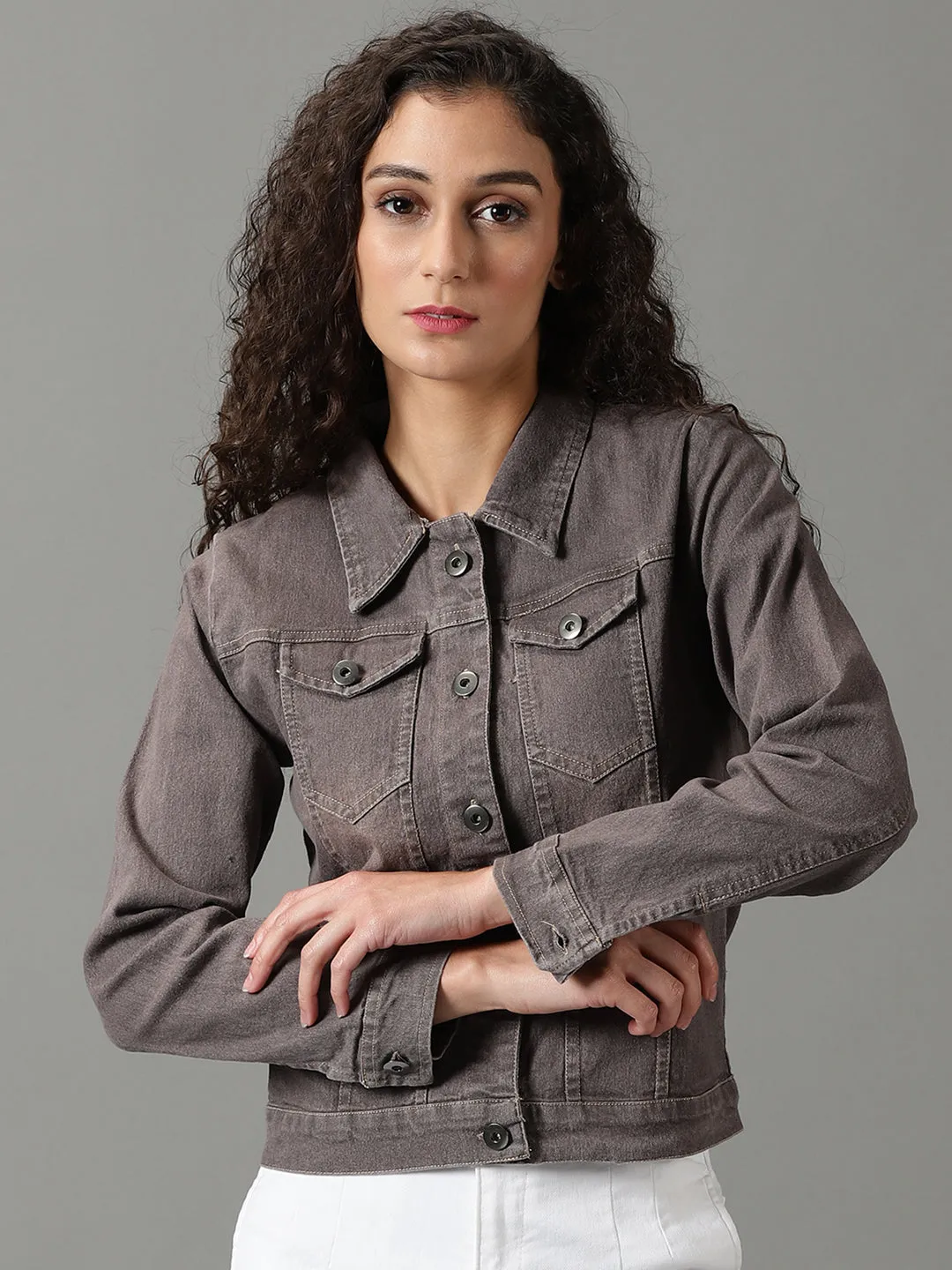 Women's Taupe Solid Denim Jacket