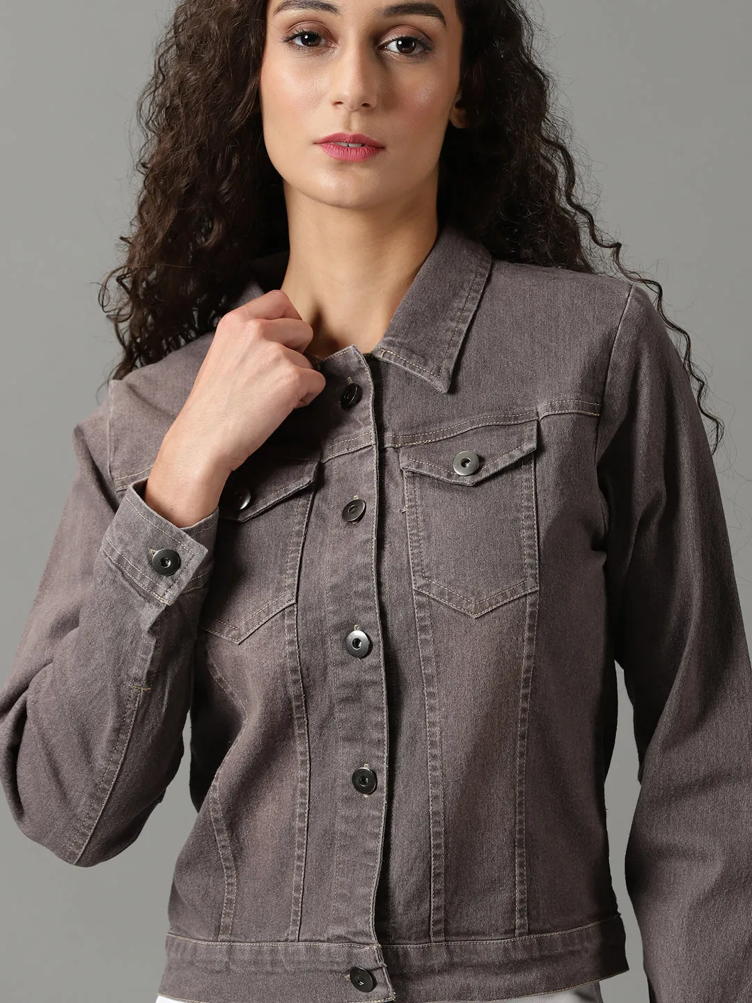 Women's Taupe Solid Denim Jacket