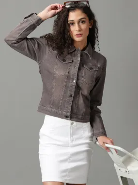 Women's Taupe Solid Denim Jacket