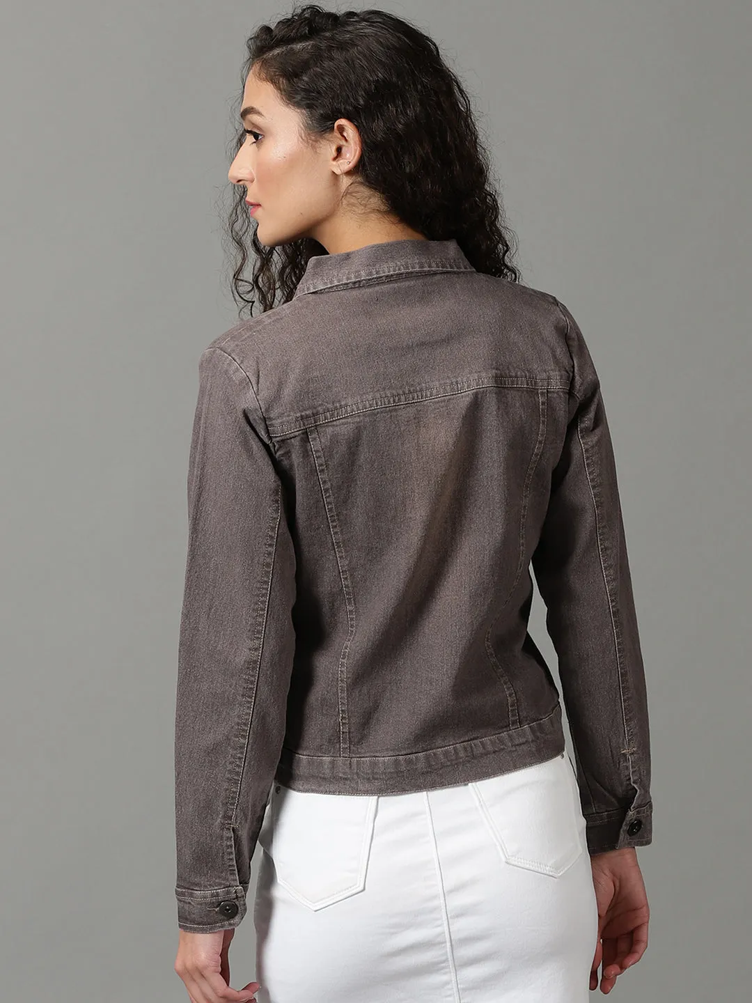 Women's Taupe Solid Denim Jacket