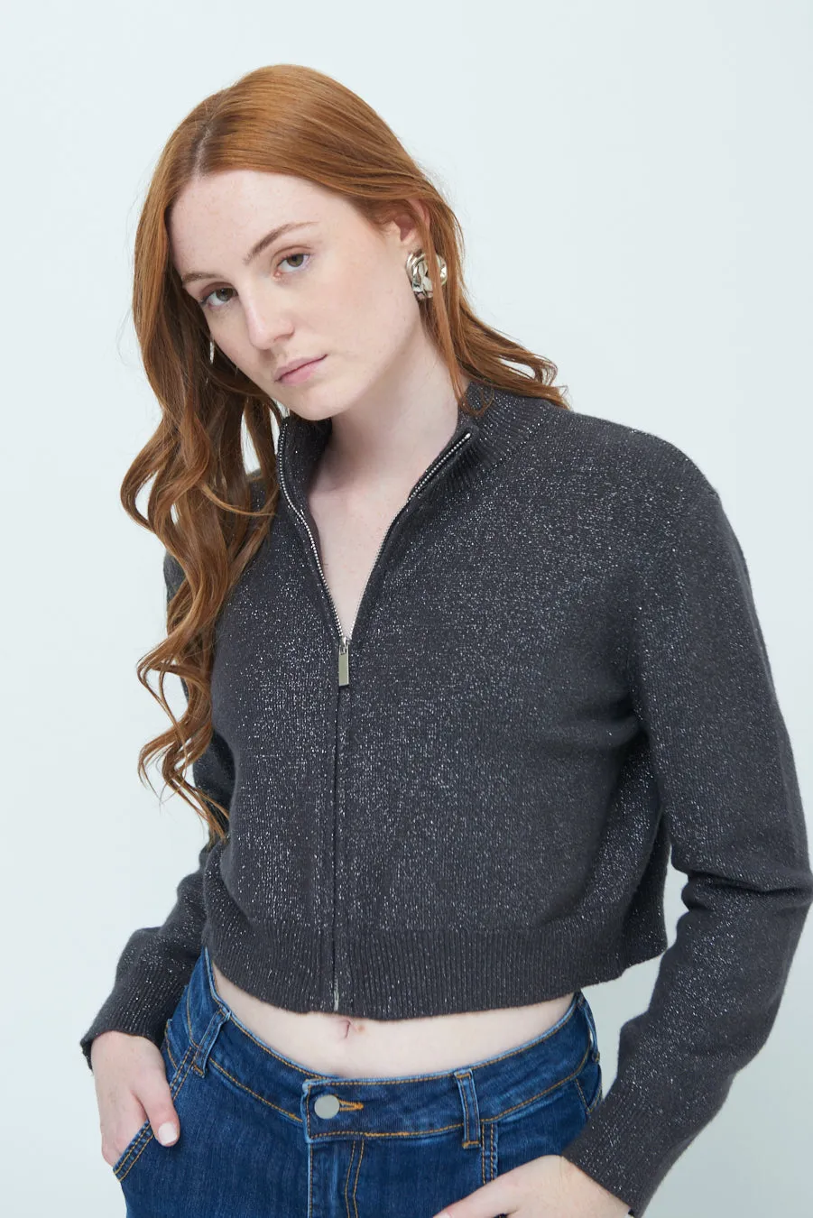 Zip-up cropped knit jacket wholesale