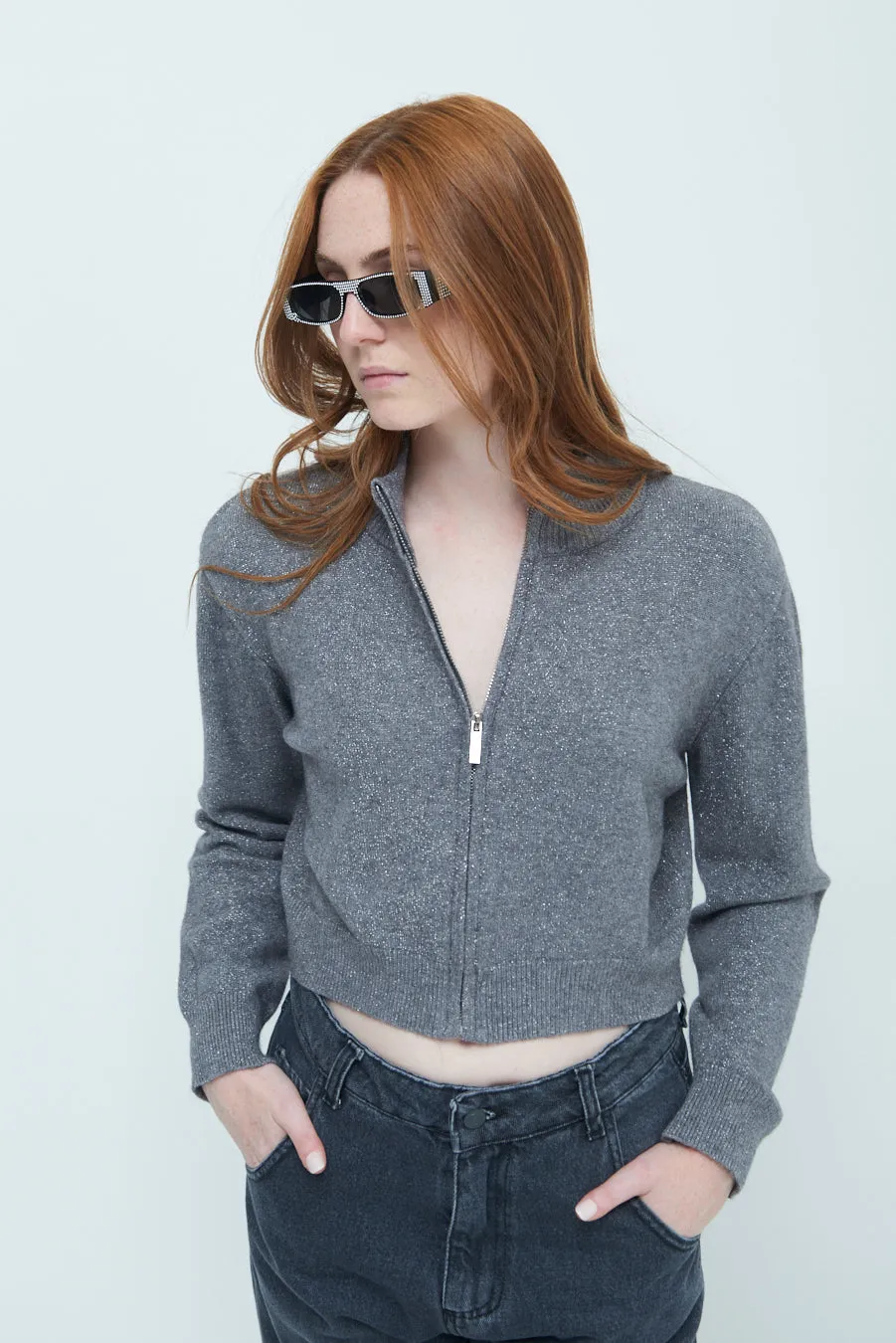 Zip-up cropped knit jacket wholesale